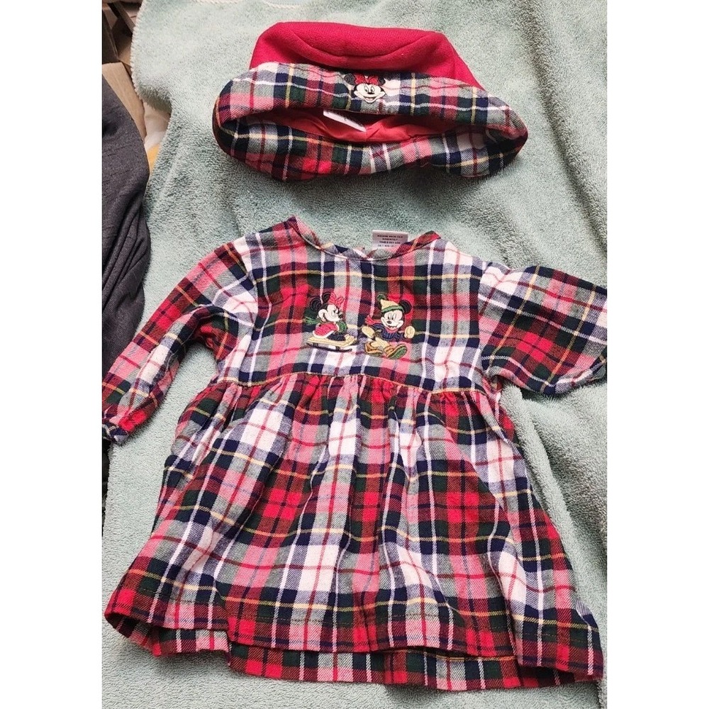 Vtg Disney Store Mickey & Minnie 12M Holiday Plaid Toddler Dress W Hat Y2k Xmas